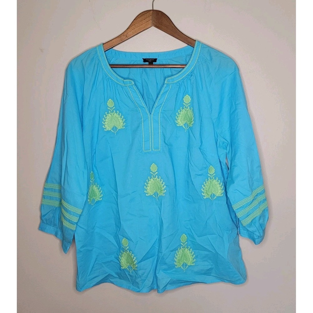 Talbots 3/4 Sleeve Cotton Blouse Women's Size Lp‎ Large Petite Blue Lightweight
